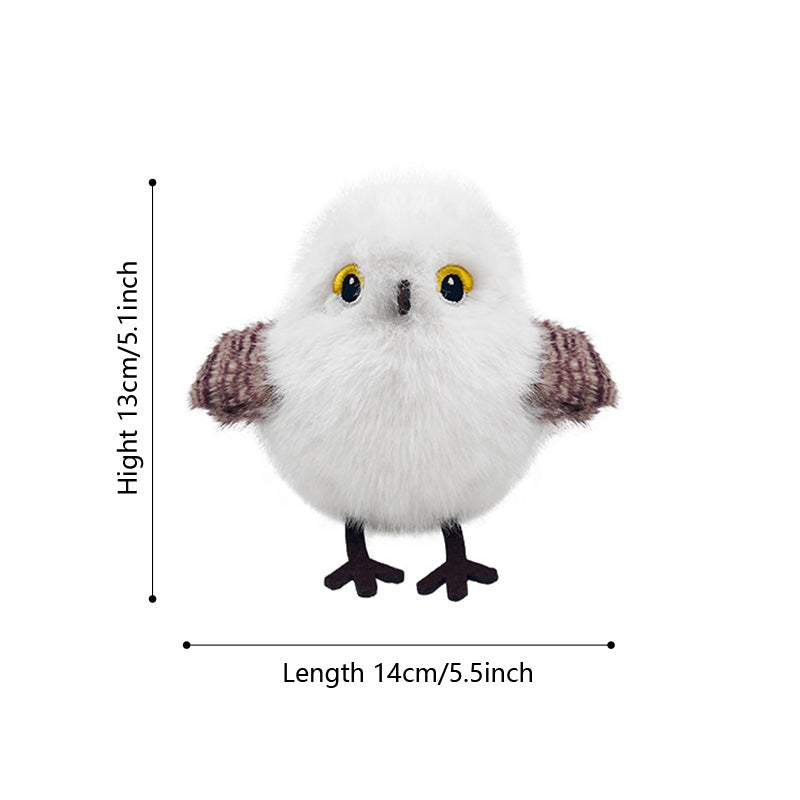 A front-facing view of the snowy owl bird cat toy with overlaid lines and text showing dimensions: Height 13cm / 5.1 inch and Length 14cm / 5.5 inch.