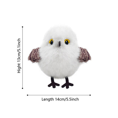 A front-facing view of the snowy owl bird cat toy with overlaid lines and text showing dimensions: Height 13cm / 5.1 inch and Length 14cm / 5.5 inch.