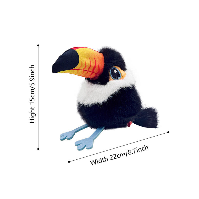 A side profile view of the plush toucan bird cat toy with overlaid lines and text showing dimensions: Height 15cm / 5.9 inch and Width 22cm / 8.7 inch.