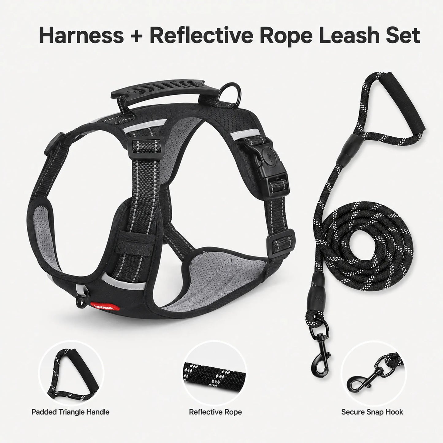 Black control-handle dog harness with matching 339 reflective rope leash and feature callouts
