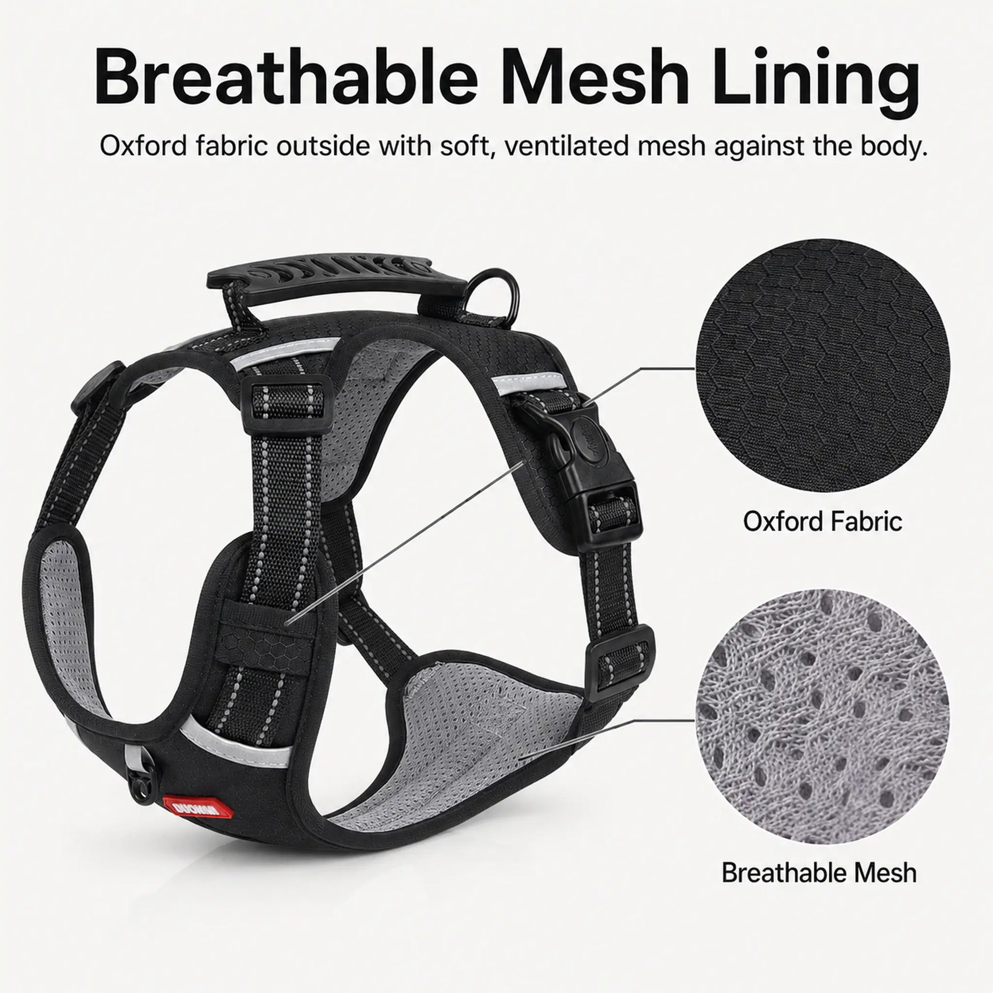Black Oxford-fabric dog harness with gray breathable mesh lining close-ups