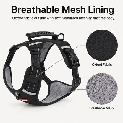 Black Oxford-fabric dog harness with gray breathable mesh lining close-ups