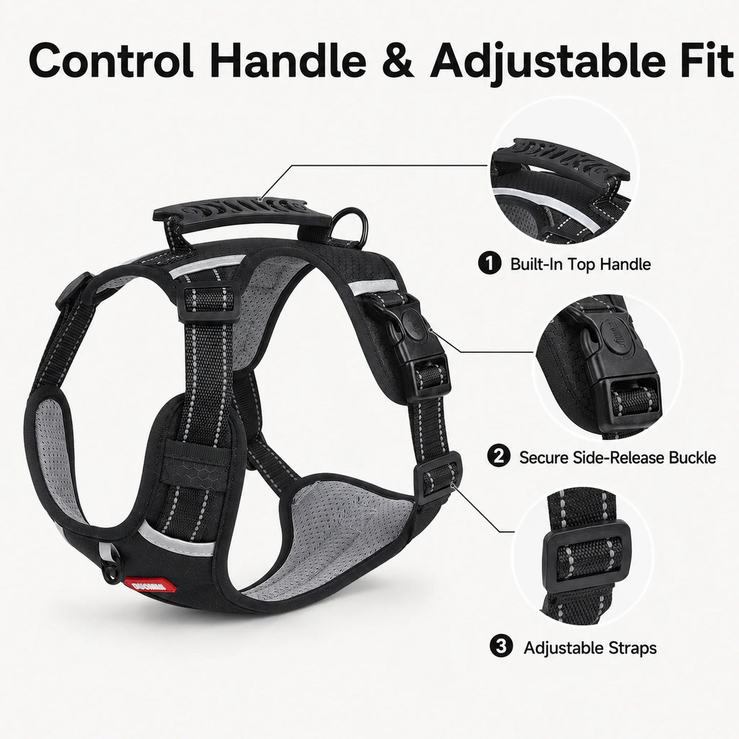 Black adjustable dog harness showing the top handle, side-release buckle, and strap adjusters