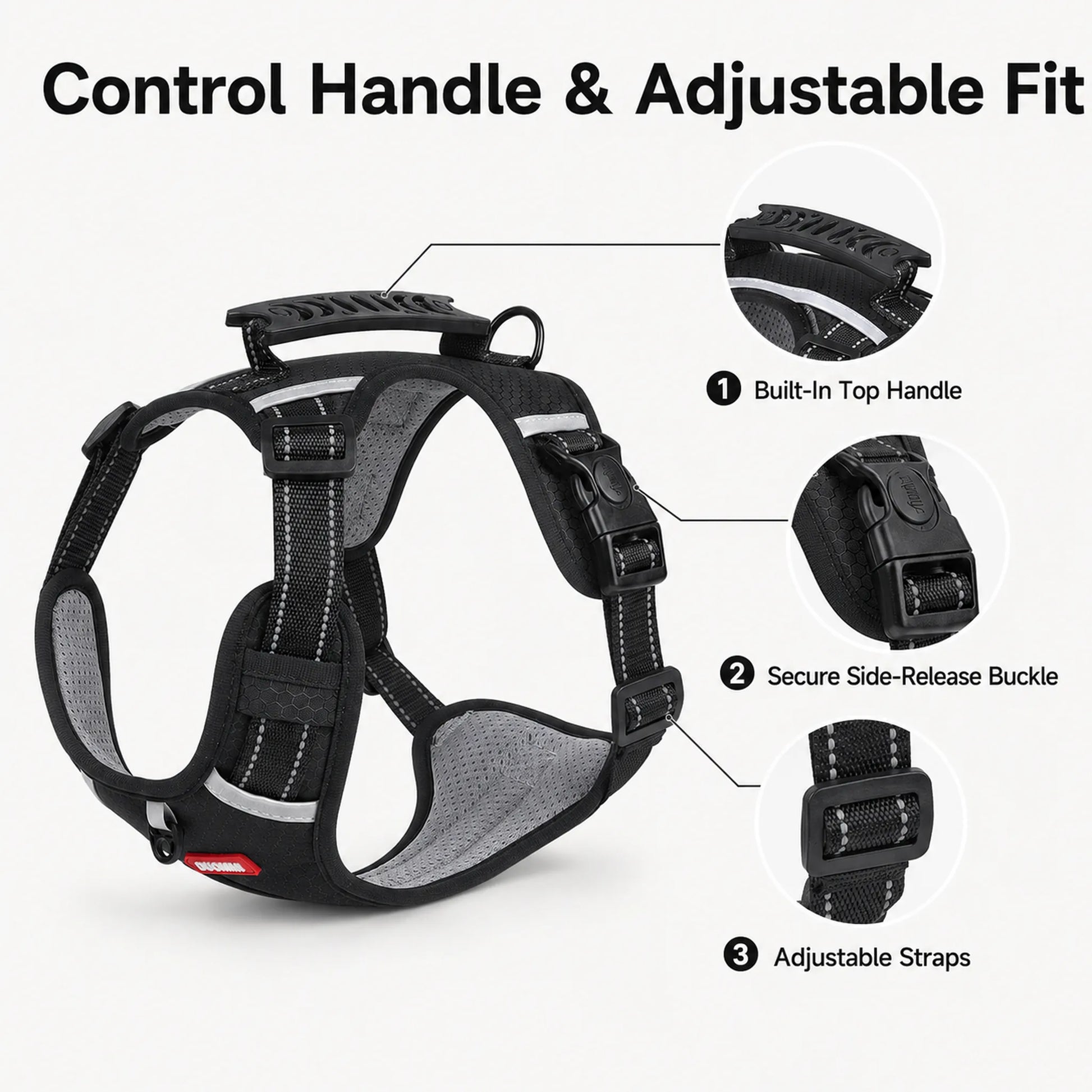 Black adjustable dog harness showing the top handle, side-release buckle, and strap adjusters