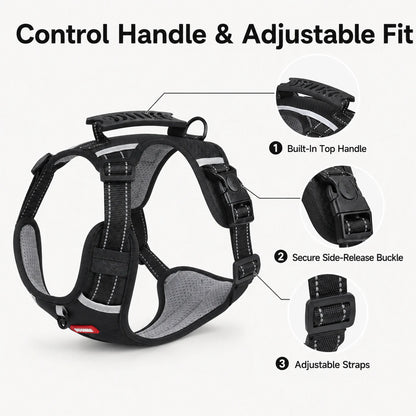 Black adjustable dog harness showing the top handle, side-release buckle, and strap adjusters