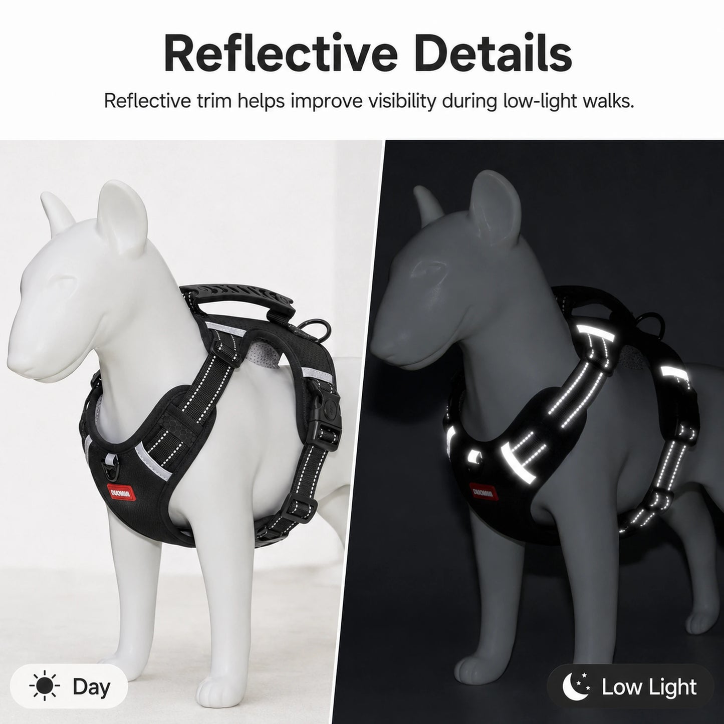 Black reflective dog harness shown in day and low-light conditions