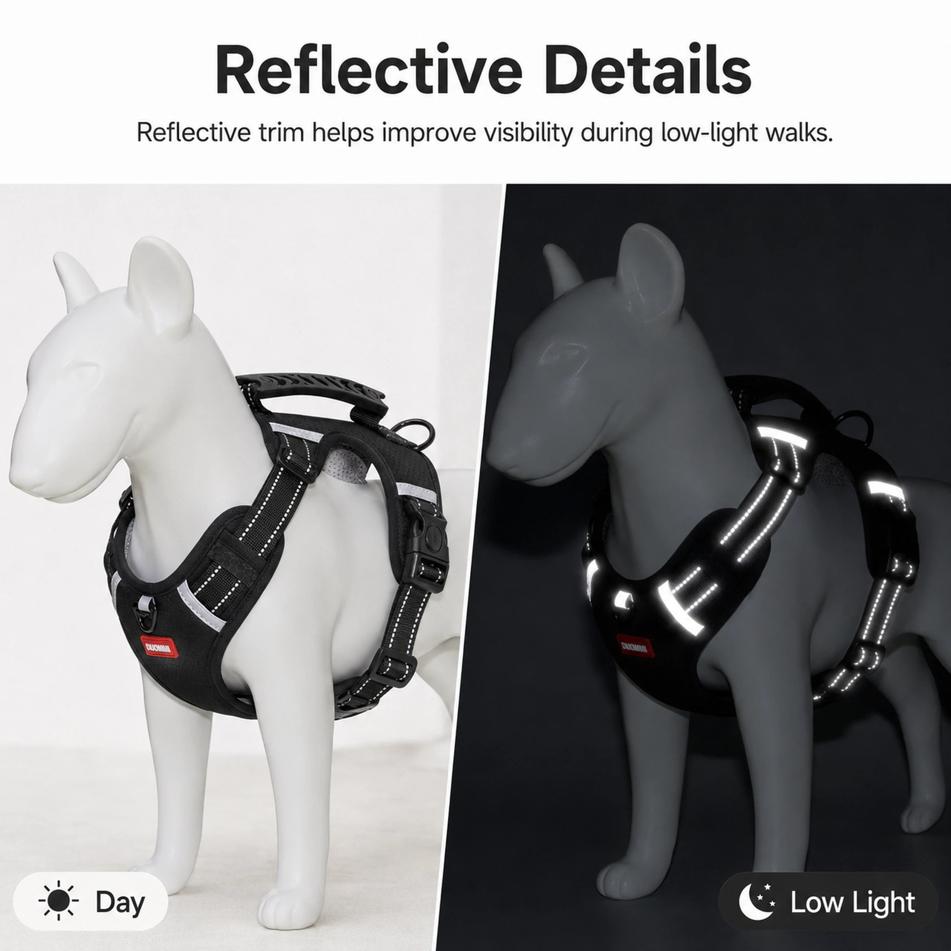 Black reflective dog harness shown in day and low-light conditions