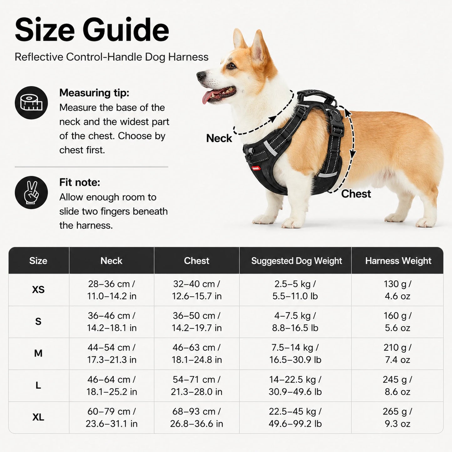 XS to XL reflective dog harness size guide with neck, chest, dog weight, and harness weight measurements