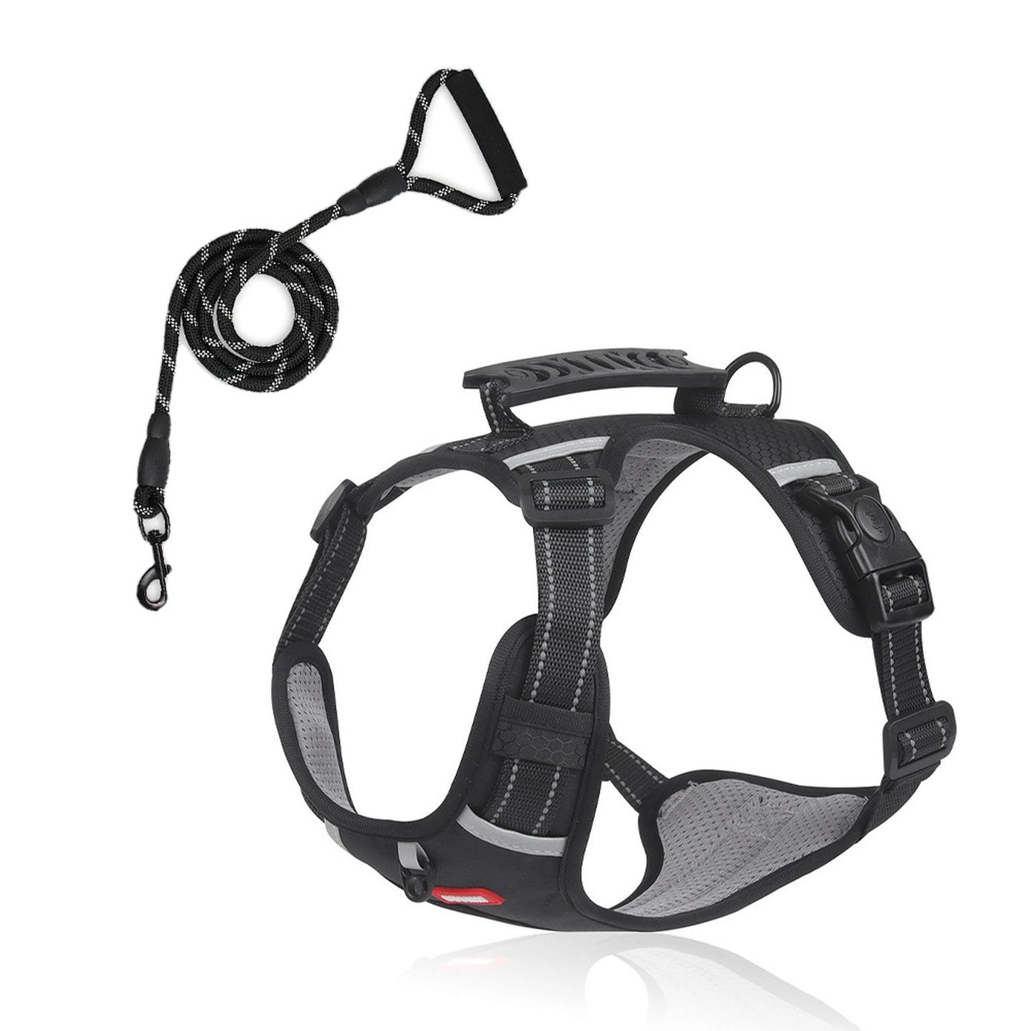 Black reflective control-handle dog harness with matching black 339 rope leash