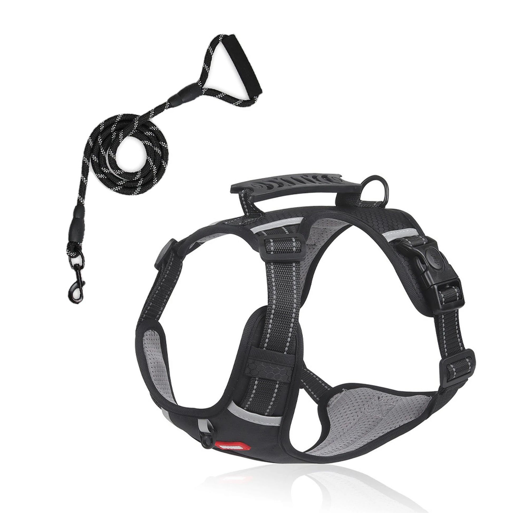 Black reflective control-handle dog harness with matching black 339 rope leash