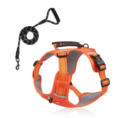 Orange reflective control-handle dog harness with black 339 rope leash