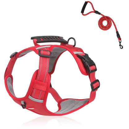 Red reflective control-handle dog harness with matching red 339 rope leash