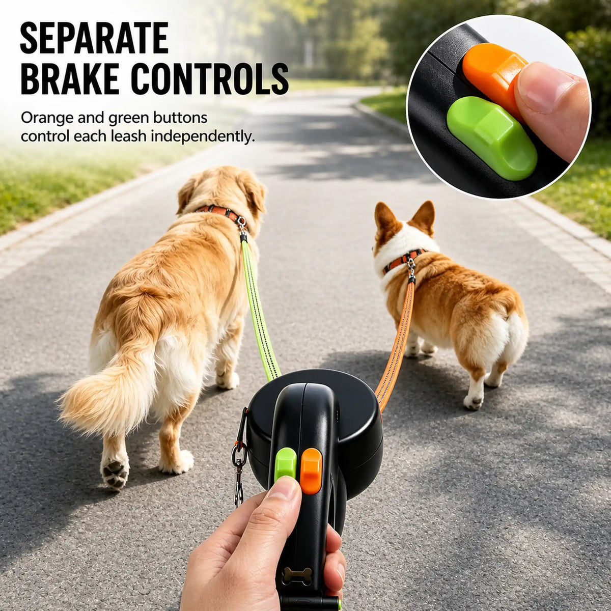 Dual dog retractable leash with orange and green brake controls used with two dogs