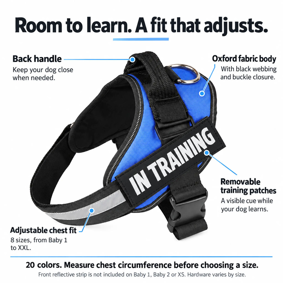 Blue IN TRAINING dog harness features: removable patches, adjustable fit, back handle and Oxford fabric