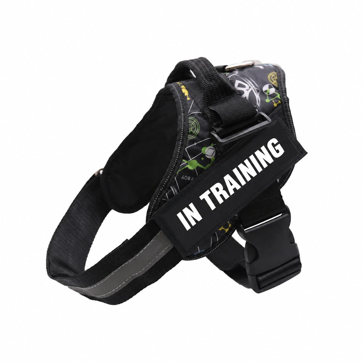 Black Graffiti adjustable dog harness with IN TRAINING patch, back handle and black straps