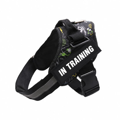Black Graffiti adjustable dog harness with IN TRAINING patch, back handle and black straps