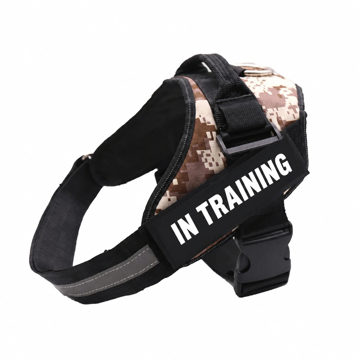 Desert Camo adjustable dog harness with IN TRAINING patch, back handle and black straps