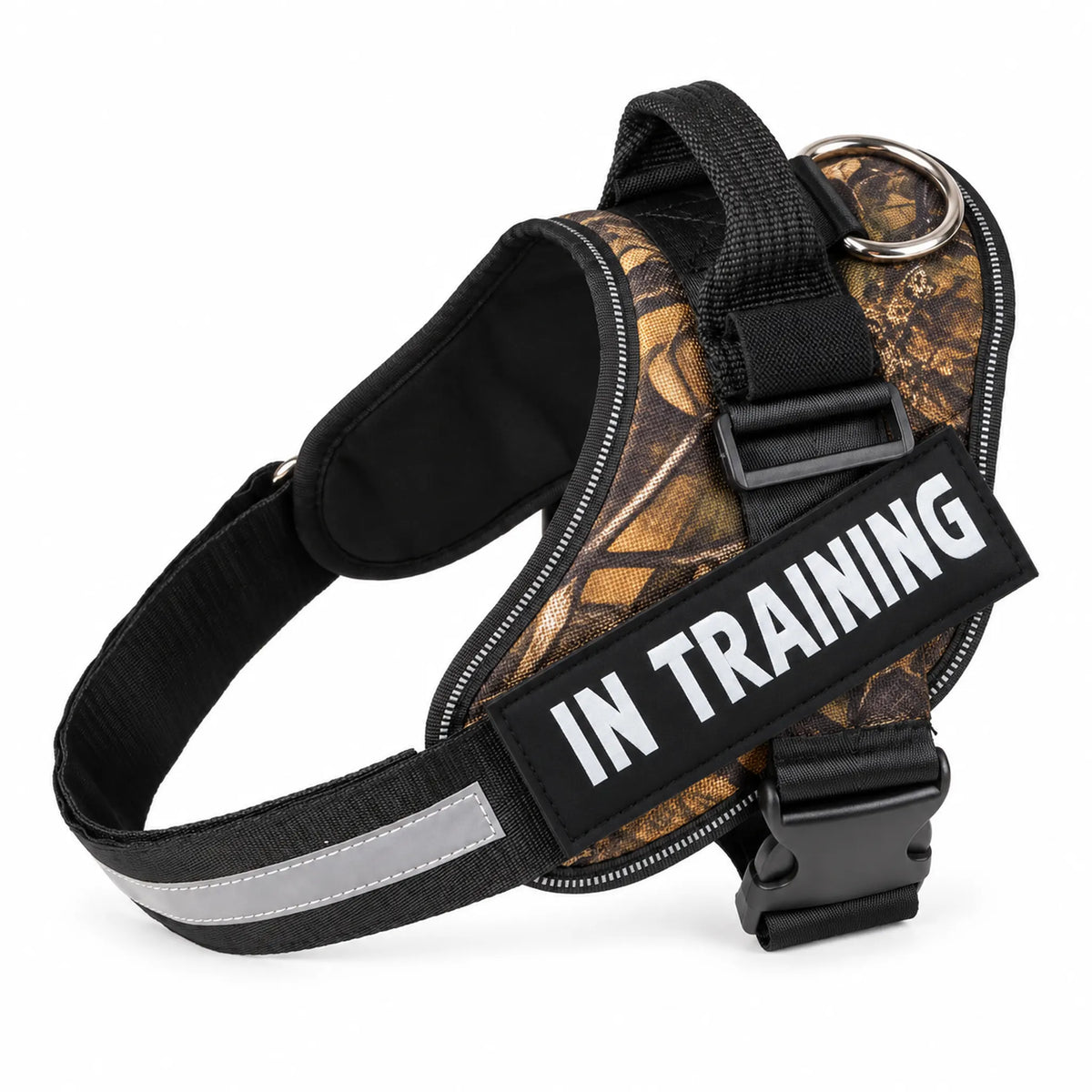 Fallen Leaf Camo adjustable dog harness with IN TRAINING patch, back handle and black straps