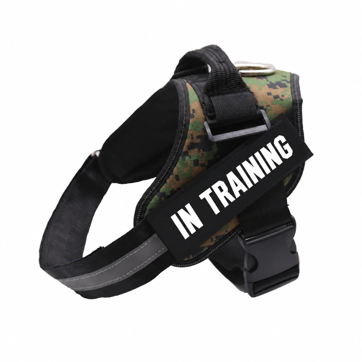 Green Camo adjustable dog harness with IN TRAINING patch, back handle and black straps