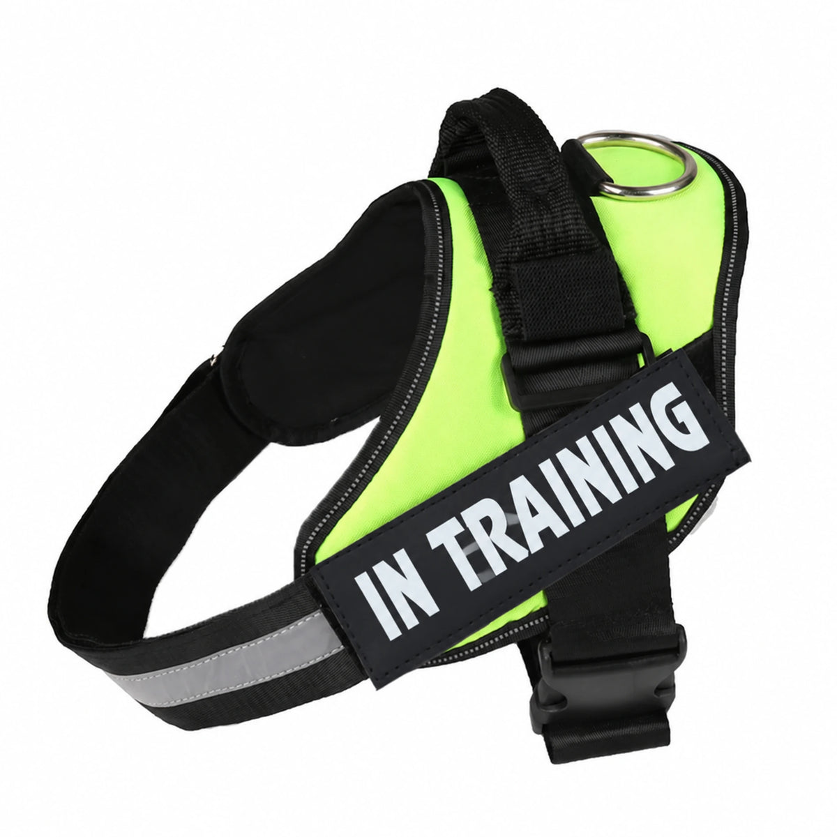 Neon Green adjustable dog harness with IN TRAINING patch, back handle and black straps