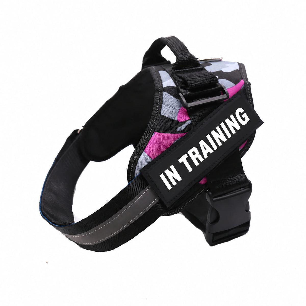 Pink Camo adjustable dog harness with IN TRAINING patch, back handle and black straps