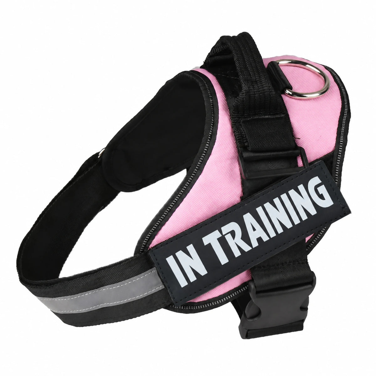 Pink adjustable dog harness with IN TRAINING patch, back handle and black straps