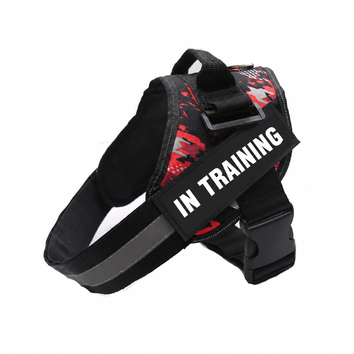 Red Camo adjustable dog harness with IN TRAINING patch, back handle and black straps