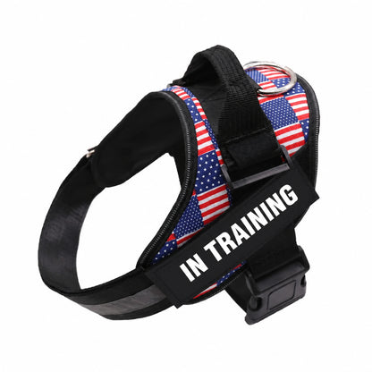 USA Flag Navy adjustable dog harness with IN TRAINING patch, back handle and black straps