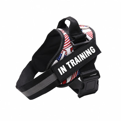 USA Flag White adjustable dog harness with IN TRAINING patch, back handle and black straps