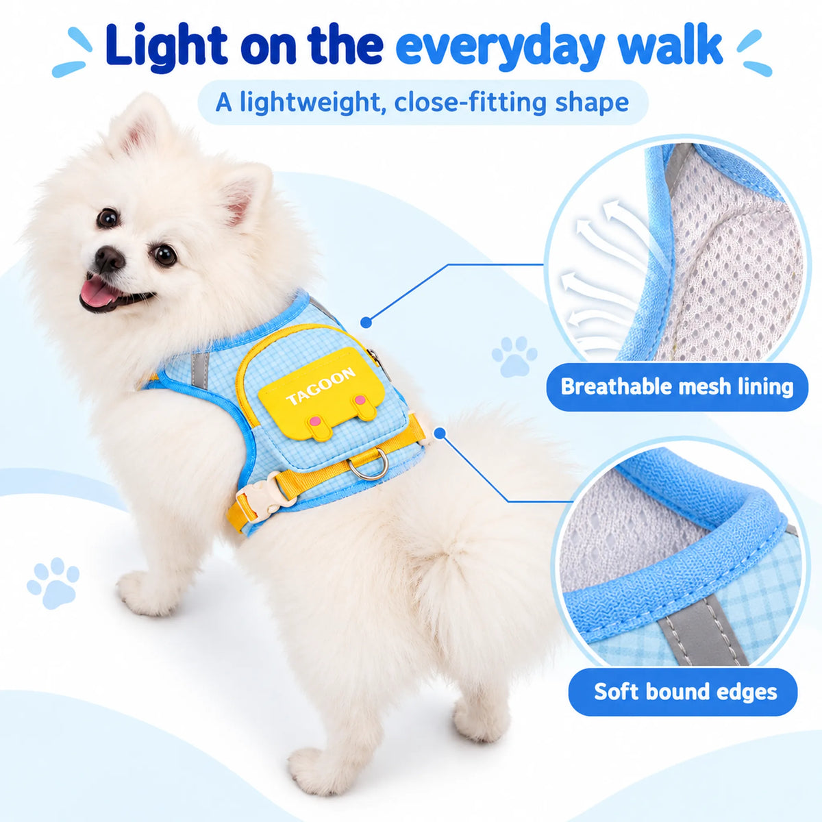 Breathable mesh lining and soft blue bound edges on the backpack dog harness