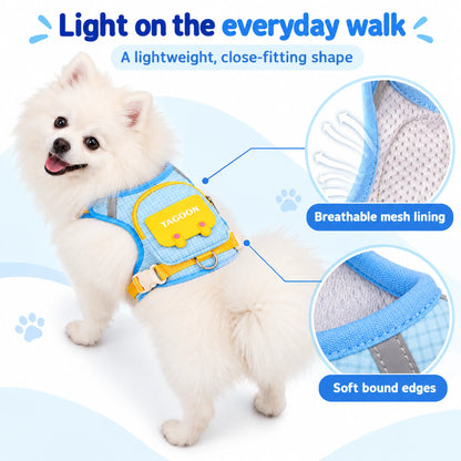 Breathable mesh lining and soft blue bound edges on the backpack dog harness