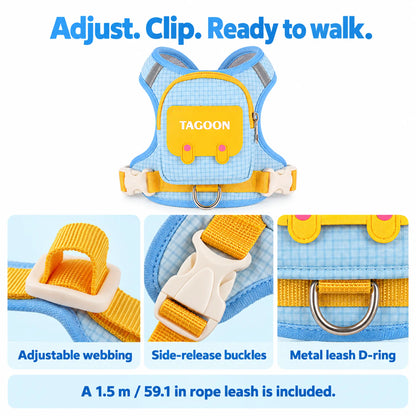 Adjustable webbing, side-release buckles and metal leash D-ring with included rope leash