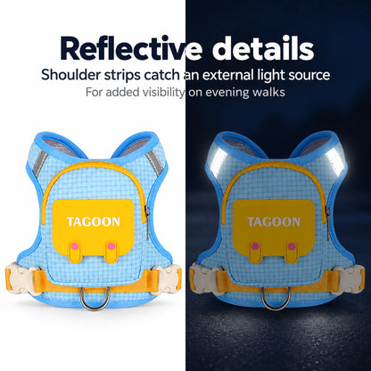 Reflective shoulder strips on the sky blue backpack dog harness under external light