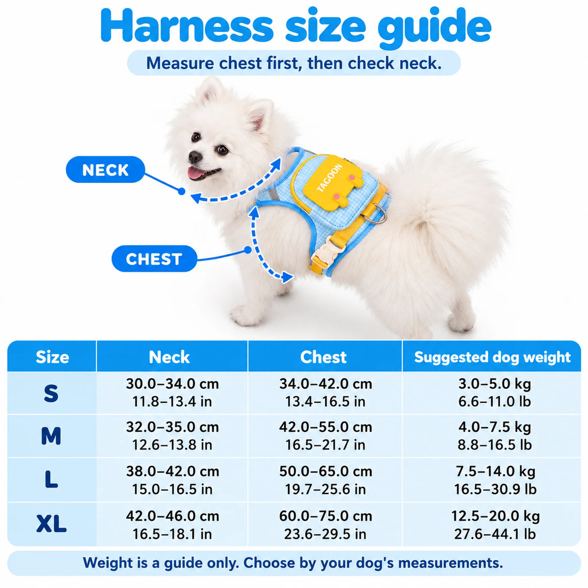Backpack dog harness size guide showing S to XL neck, chest and suggested dog weight measurements