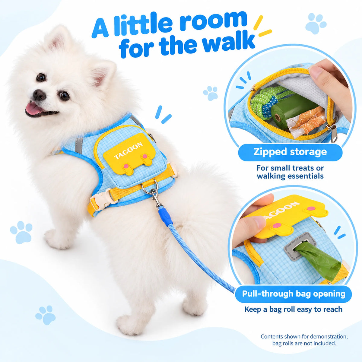 Zipped storage pouch and pull-through waste bag opening on the backpack dog harness