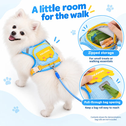 Zipped storage pouch and pull-through waste bag opening on the backpack dog harness