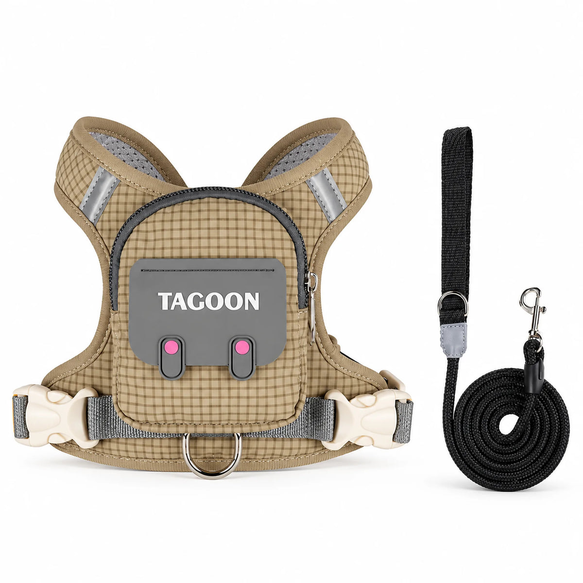 Khaki gingham backpack dog harness with grey flap and black rope leash
