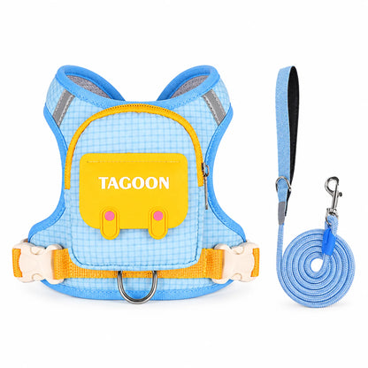 Sky blue gingham backpack dog harness with yellow flap and blue rope leash set