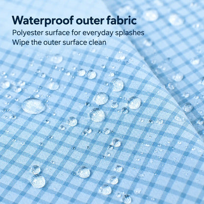 Water droplets on the waterproof blue gingham polyester outer fabric