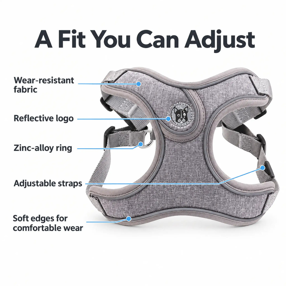 Gray dog harness showing adjustable straps, soft edges, reflective logo and wear-resistant fabric