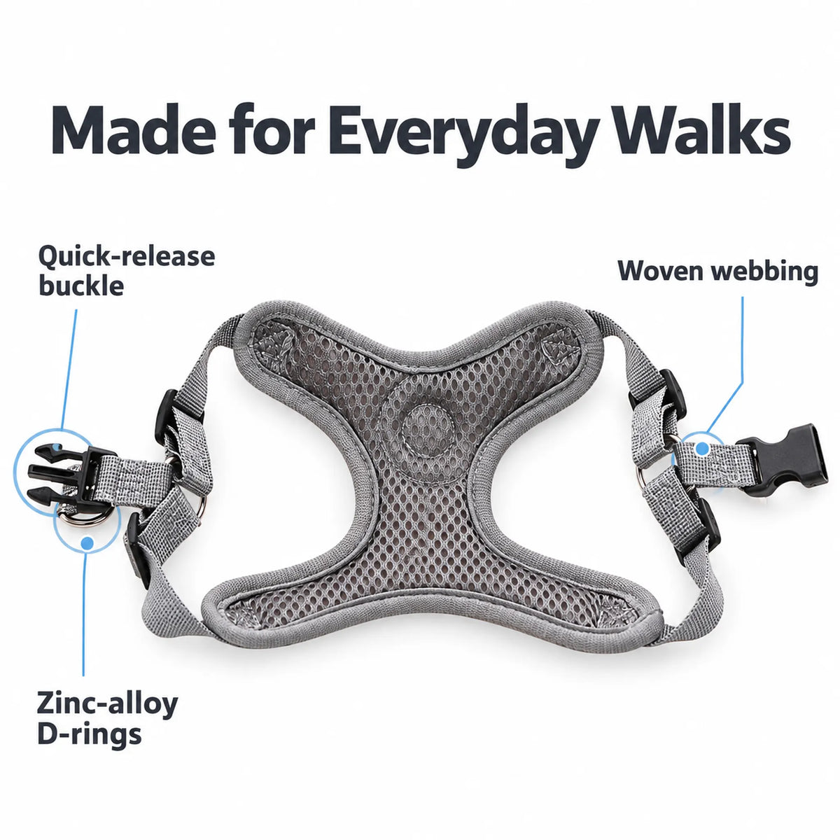 Mesh-lined dog harness with quick-release buckle, woven webbing and zinc-alloy D-rings