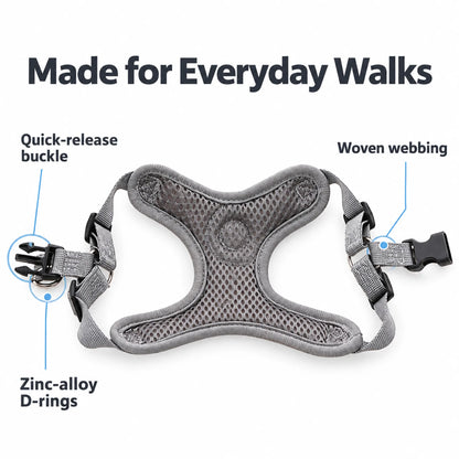 Mesh-lined dog harness with quick-release buckle, woven webbing and zinc-alloy D-rings