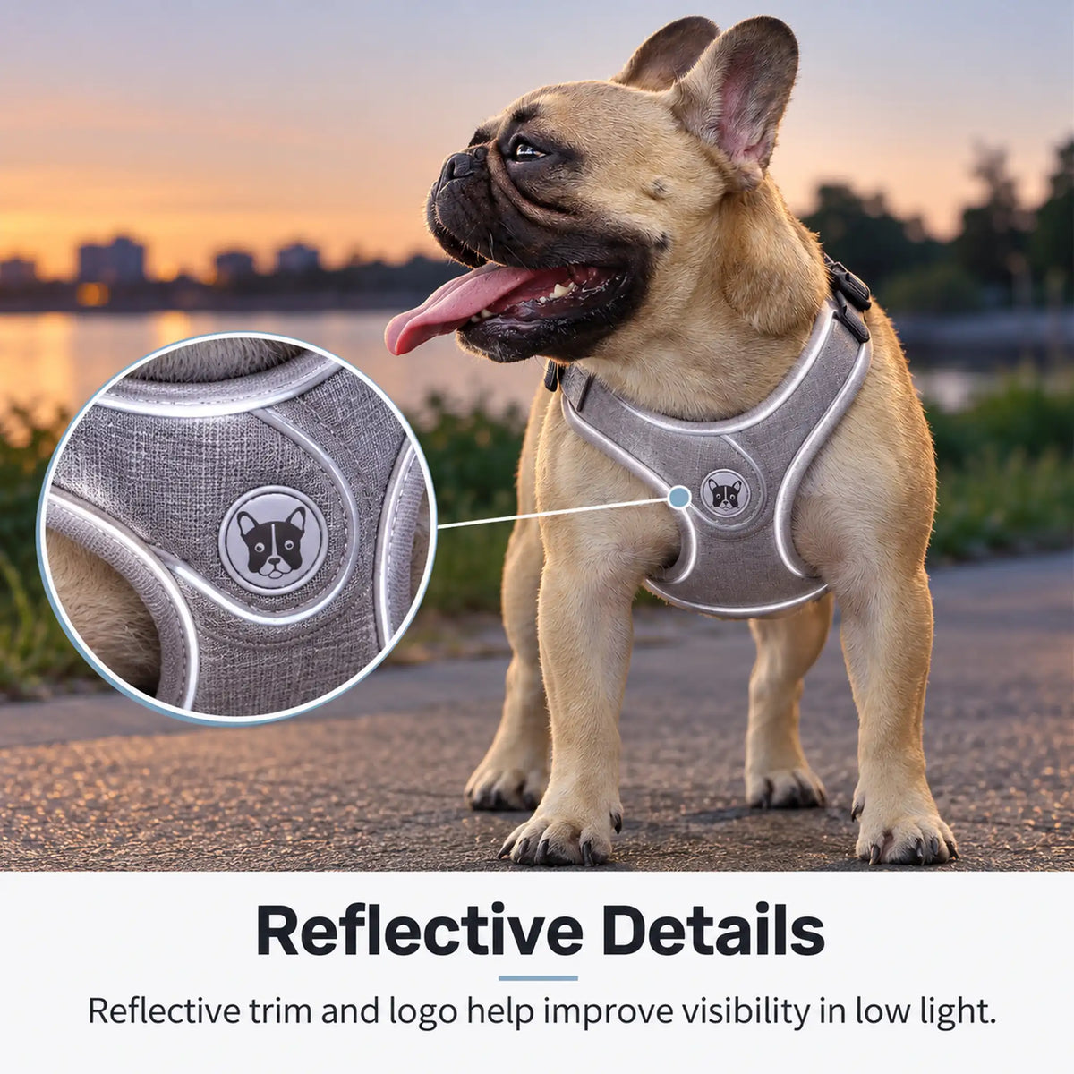 Reflective trim and circular logo on a gray dog harness during a low-light walk