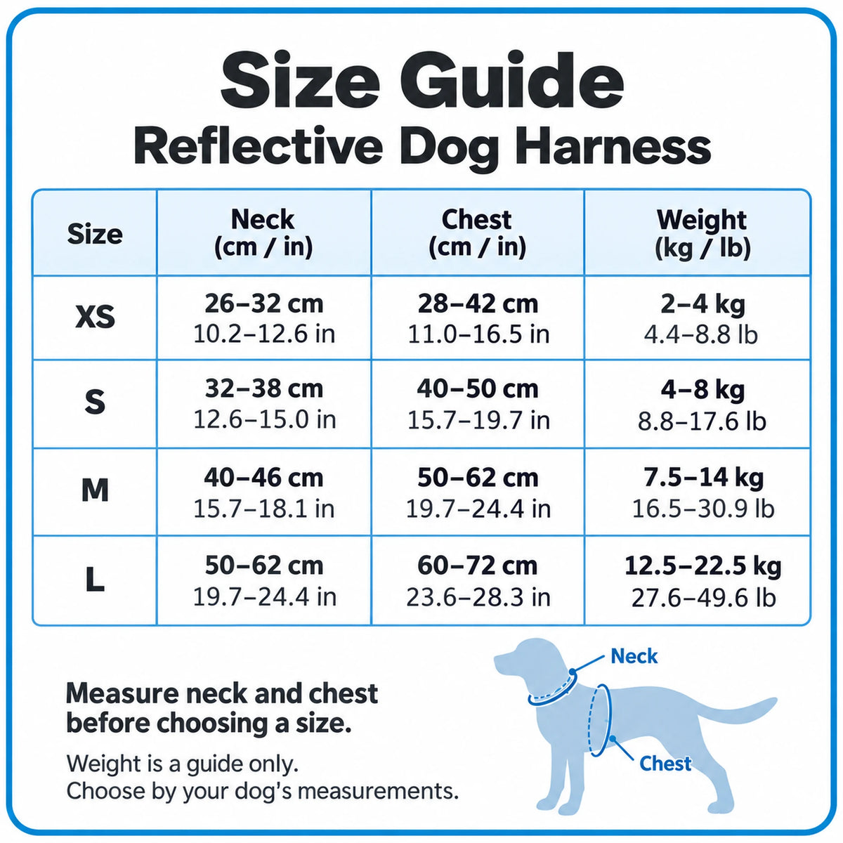 XS to L dog harness size guide with neck and chest ranges in centimeters and inches