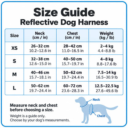 XS to L dog harness size guide with neck and chest ranges in centimeters and inches