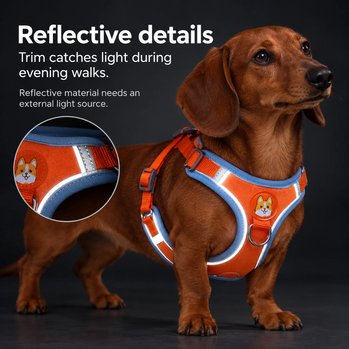 Dachshund wearing an orange dog harness with reflective trim catching an external light source.