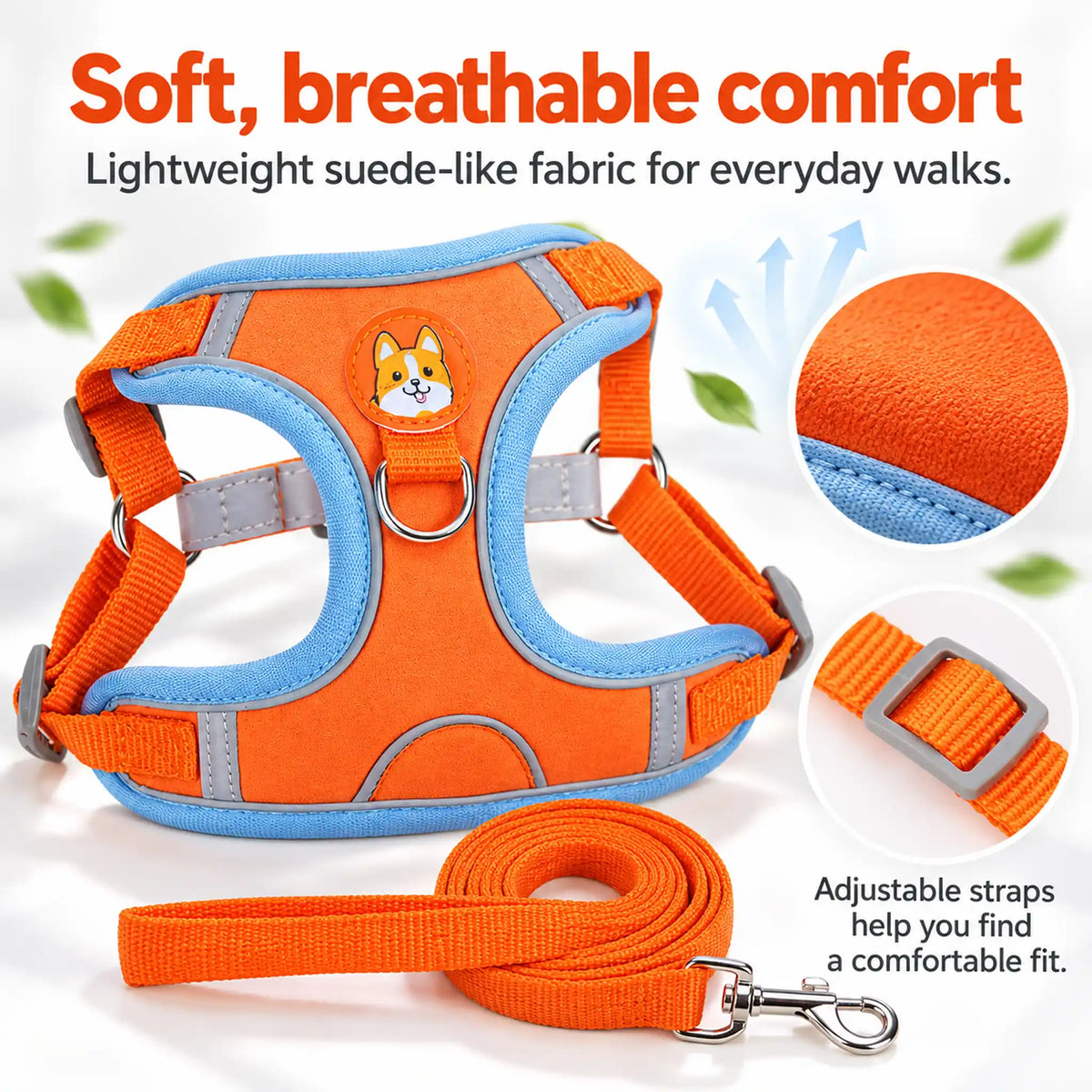 Orange harness and leash showing soft suede-like fabric, bound edges and adjustable straps.