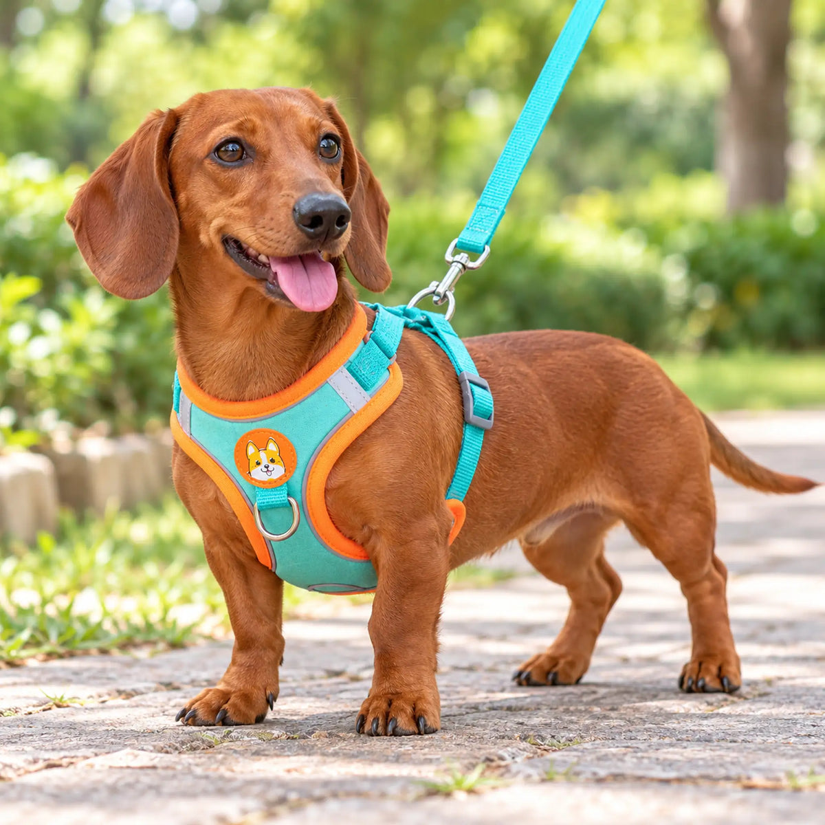 Dachshund wearing a lake-blue harness and matching leash on a park path.