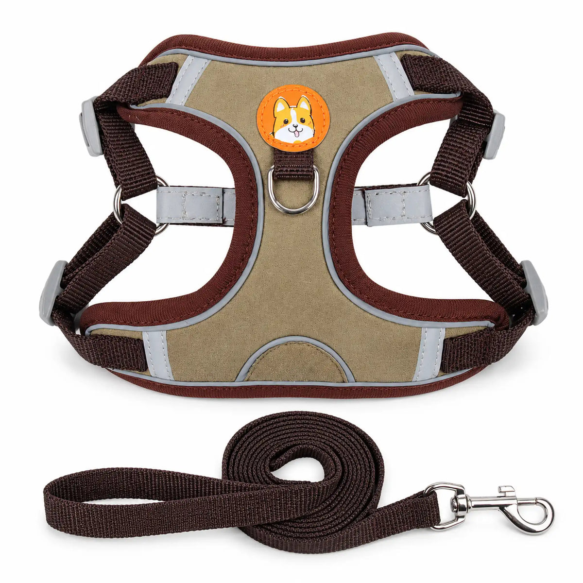 Brown suede-like step-in dog harness with reflective trim, corgi patch and matching leash.