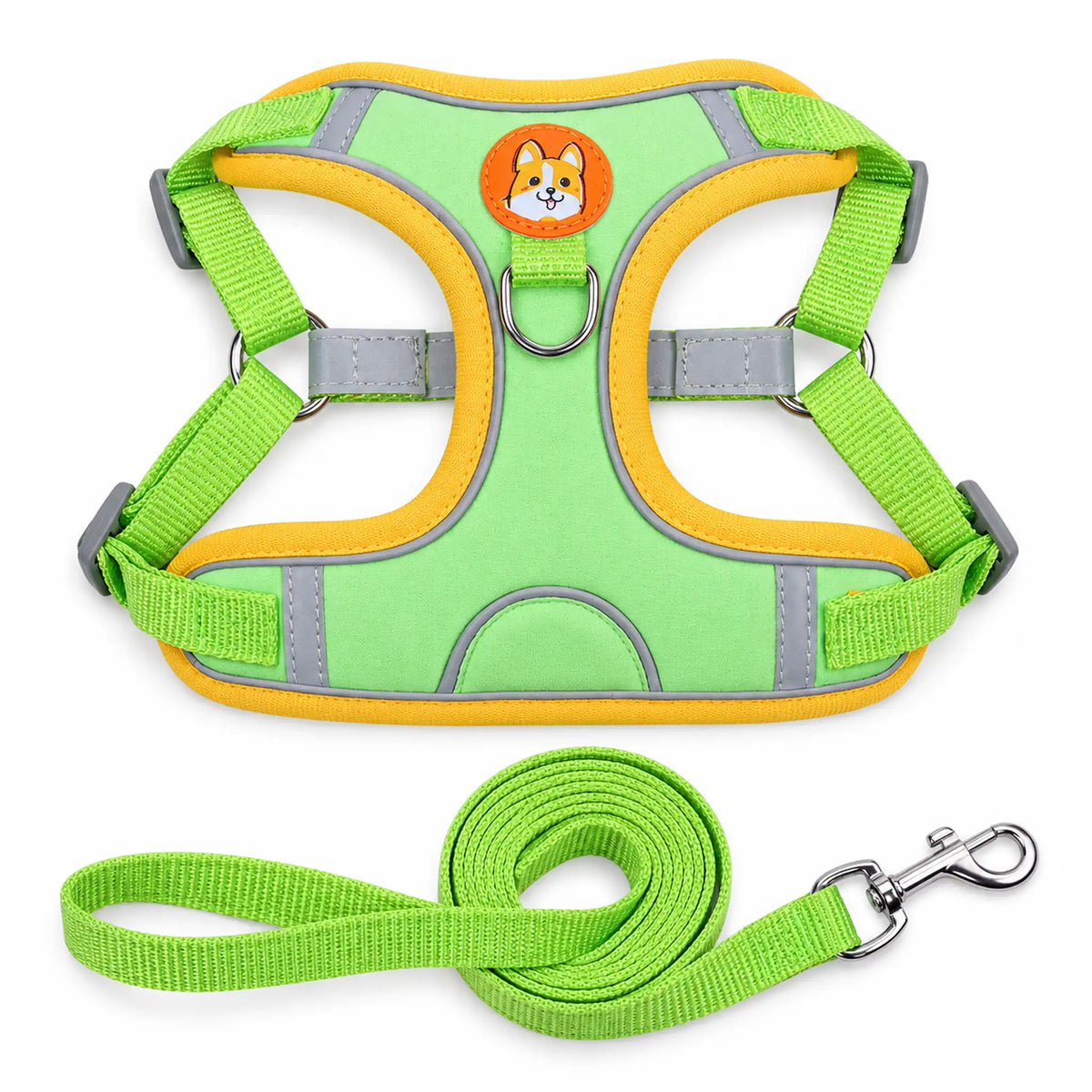 Green suede-like step-in dog harness with reflective trim, corgi patch and matching leash.